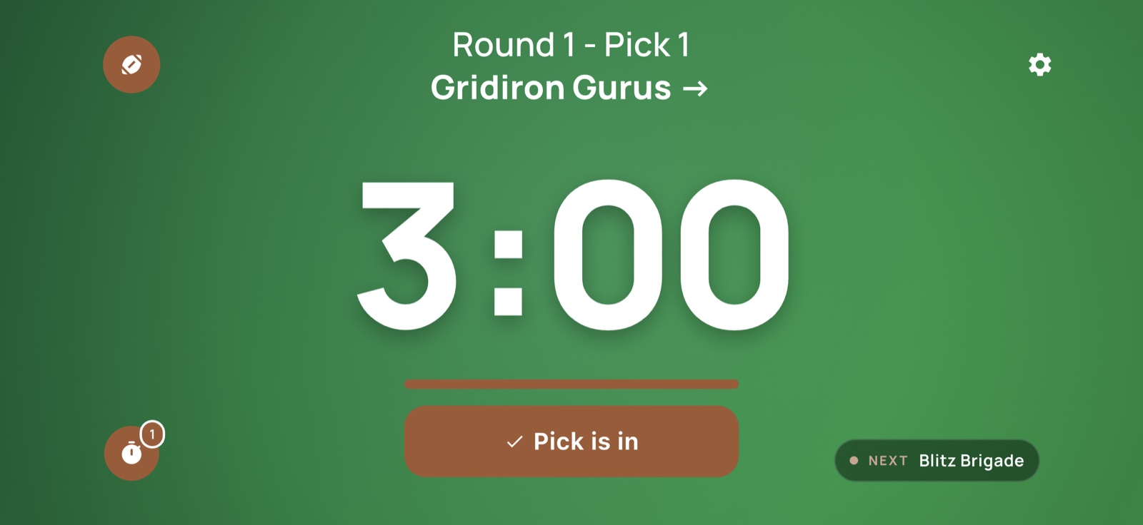 Pickwright draft clock showing Round 1, Pick 1 for Gridiron Gurus with a large 3:00 countdown and a 'Pick is in' button.