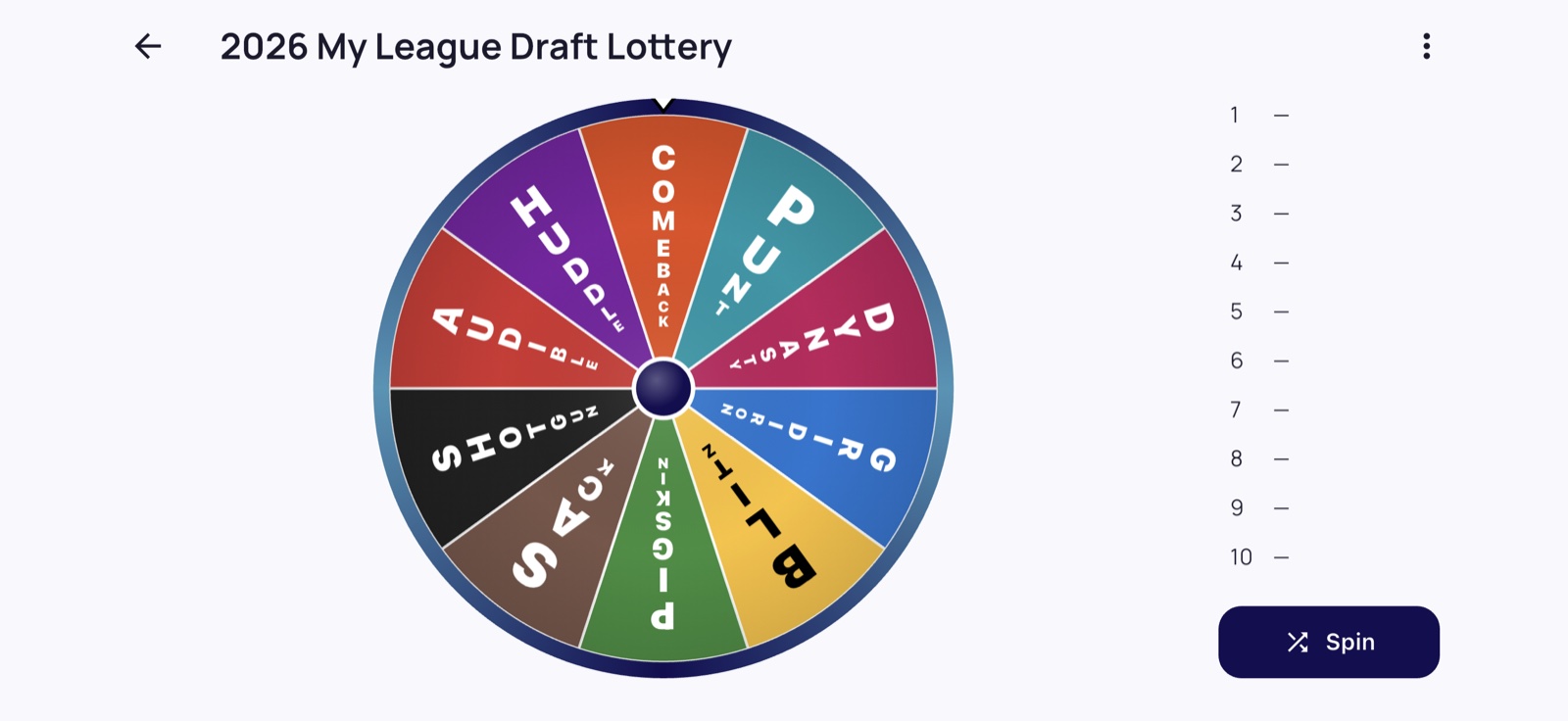 Pickwright draft lottery: a colorful spinning wheel of team names with a results list from 1 to 10 and a Spin button.