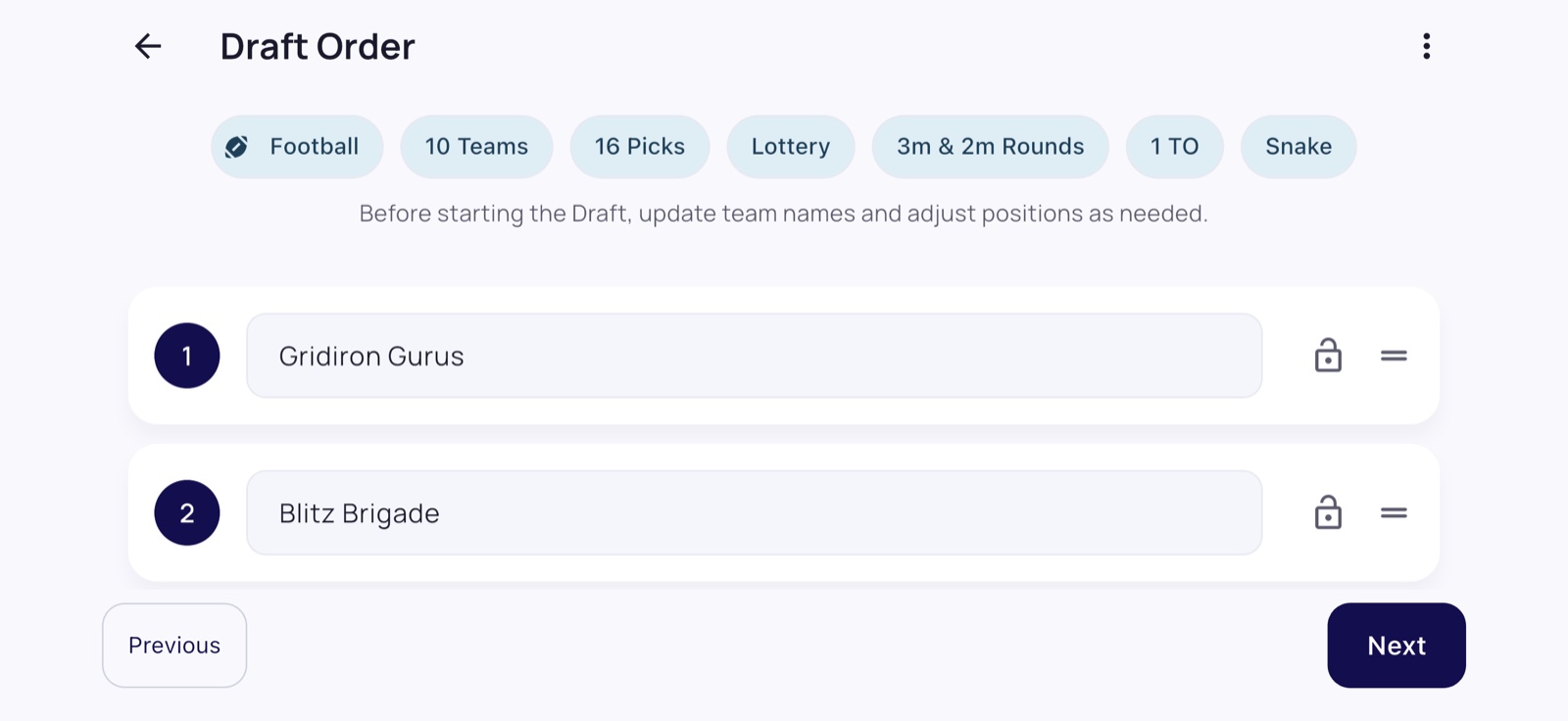 Pickwright league setup screen with team names, draft type, round count, and per-pick timer options.