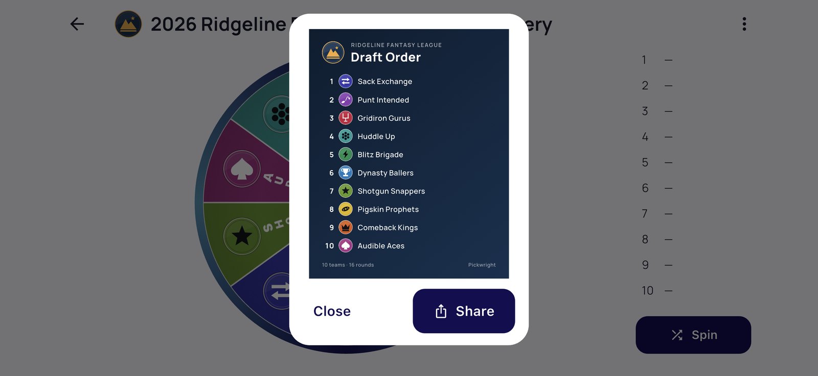 Pickwright's shareable recap card over the draft lottery: the league crest, the drawn order one to ten, and each team's colour and logo, with a Share button.